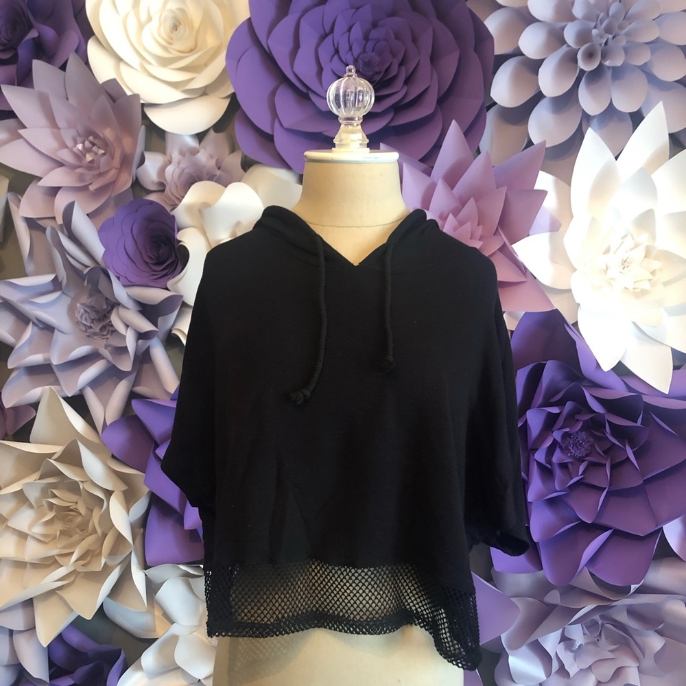 Black short sleeve hoodie with mesh detail